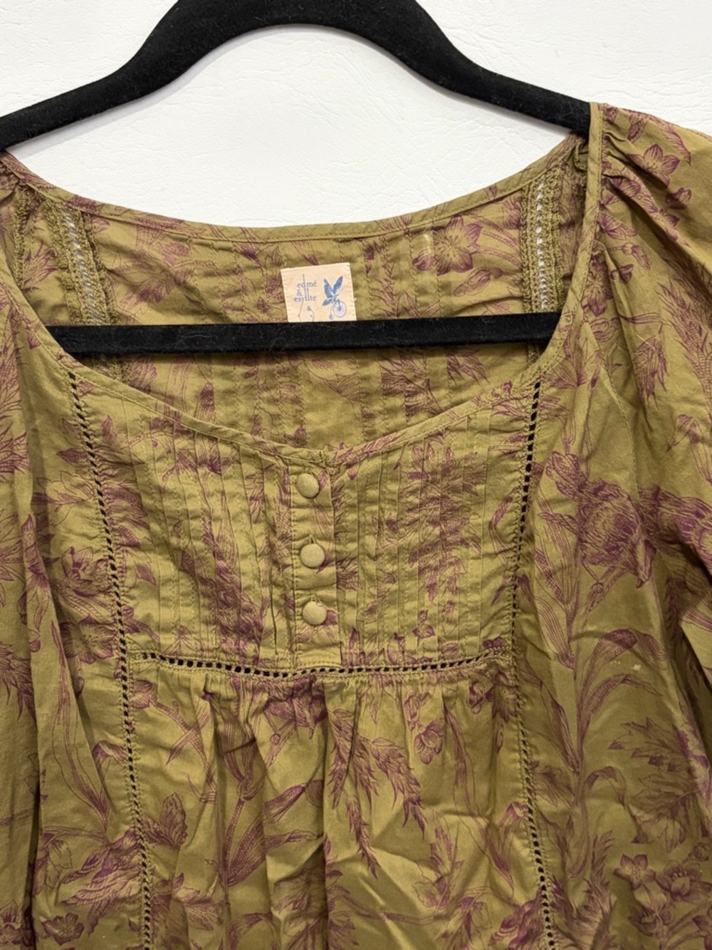 Anthropologie Edme & Esyllte Peasant Green Birds Toile Pintuck Blouse Medium - Picture 2 of 11